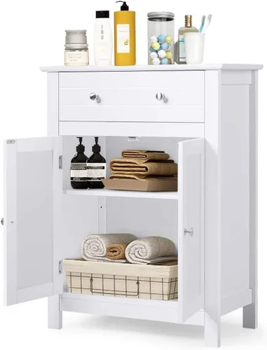 Vista 11 de GOFLAME Gabinete de almacenamiento de madera para baño, moderno armario organizador de baño con estante ajustable de 3 alturas, cajón y estante de 2