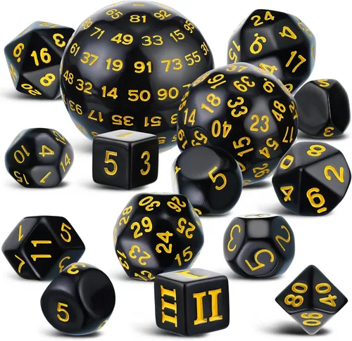 Vista 15 de Civaner Juego completo de 15 dados poliédricos D3-D100 esféricos RPG en negro opaco, 100 lados para juegos de rol, suministros de fiesta