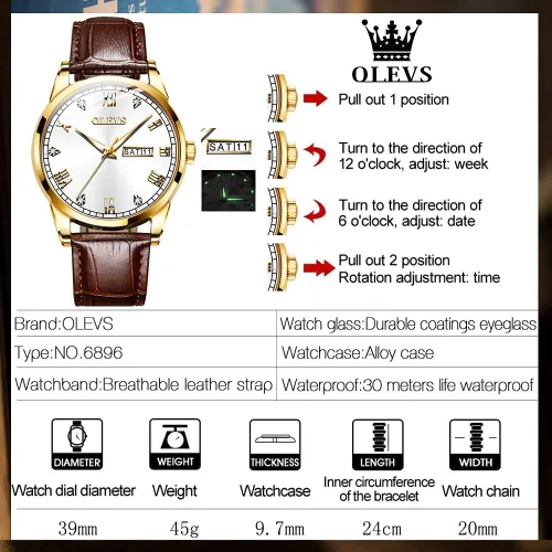 Vista 6 de OLEVS Tienda Watches reloj de cuero marrón para hombre reloj luminoso para hombre reloj de vestir para hombre reloj de cuarzo de moda para hombre