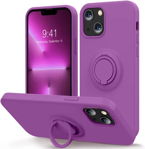 Vista 8 de MOCCA Funda compatible con iPhone 13 de 6.1 pulgadas con soporte de anillo Silicona líquida Forro de microfibra Funda protectora antiarañazos