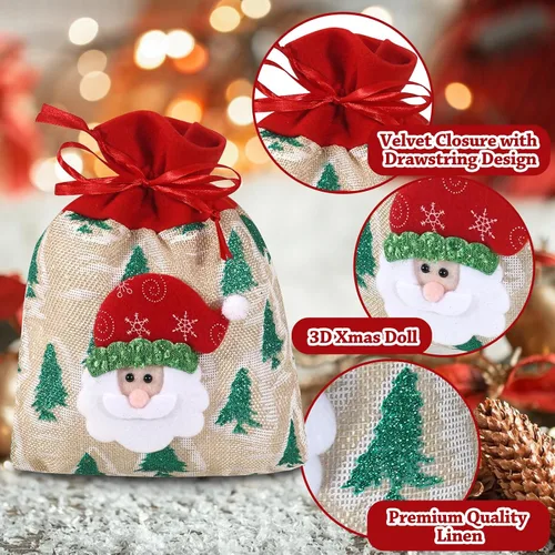 Vista 3 de SHANGRLA Bolsas de regalo de Navidad con cordón, diseño de muñeco de nieve, reno, Papá Noel y oso Lindas bolsas de regalo de Navidad para niños