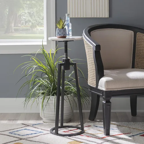 Vista 5 de Powell Muriel - Mesa de bebida con tapa de mármol blanco con estilo industrial, base de altura ajustable de metal negro