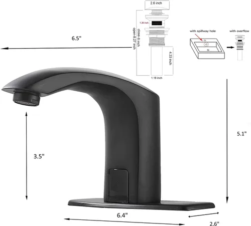 Vista 2 de Grifo de baño automático negro activado por movimiento, sin contacto, bañera, lavabo, lavabo, aireador, un agujero, mezclador de latón, desagüe