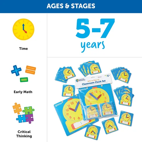 Vista 5 de Learning Resources Write & Wipe Clocks - Juego de 25 piezas, a partir de 6 años, laminado de borrado en seco, ayuda didáctica, suministros