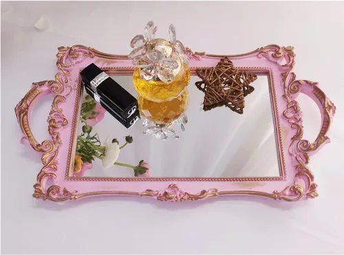 Vista 10 de Bandeja Espejo Decorativa Rectangular Pequeña, Estilo Francés, Organizador de Maquillaje, Organizador de Joyas, Bandeja para Servir, 13" x 7.8