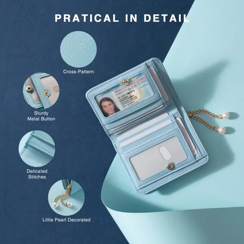 Vista 3 de Cartera para mujer con colgante de perlas RFID bloqueo tarjeta de crédito cartera de cuero premium, Celeste, Minimalista