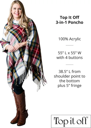 Vista 2 de Top It Off 3-in-1 Wrap - Womens Convertible Shawl - Versatile, Stylish Design - Button & Fringe Detail - Wear as a Poncho