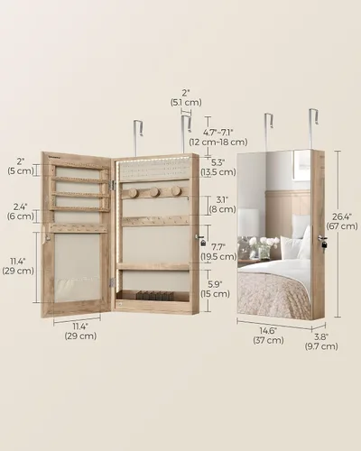 Vista 6 de SONGMICS Armario de joyería con espejo con luces LED integradas, organizador de almacenamiento de joyas montado en la pared o en la puerta, 3.8 x