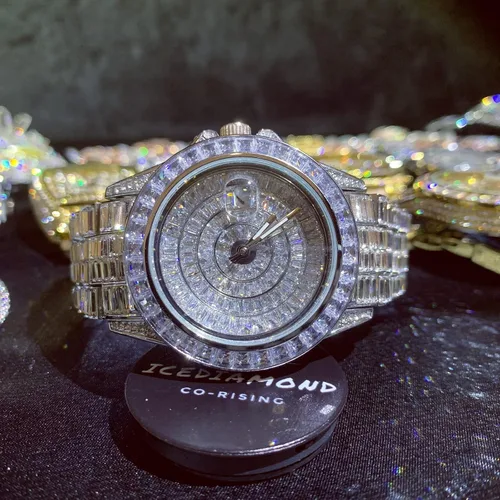 Vista 3 de ICEDIAMOND Reloj de pulsera con calendario de diamantes de circonita cúbica de 1654in chapado en oro piedras de circonita brillantes esfera redonda