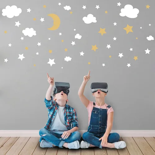 Vista 6 de Calcomanías de pared de luna creciente, estrellas y nubes, calcomanías de pared de luna y estrellas, cielo estrellado, decoración de sala