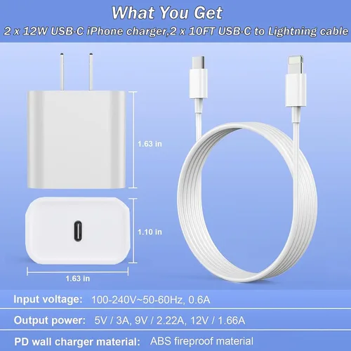 Vista 12 de Cargador rápido para iPhone, [certificado Apple MFi] Paquete de 2 cargadores de pared PD USB C con cargador de pared USB C extra largo de 10 pies a
