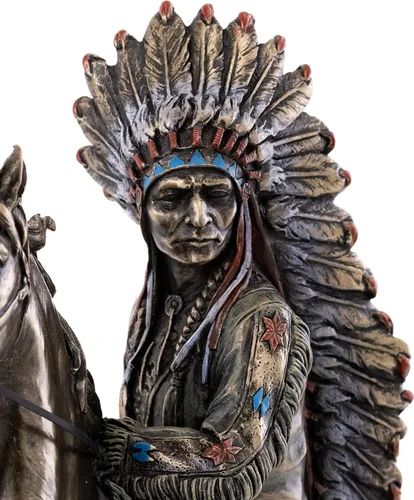 Vista 6 de Top Collection Chief Sitting Bull on Horseback Estatua – Escultura de nativos americanos con hermoso tocado en bronce fundido en frío de primera