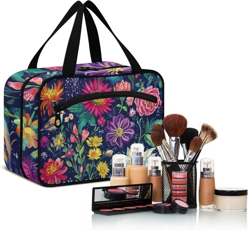 Vista 6 de Flores retro con pintura al óleo de color Siente colgante bolsa de artículos de tocador de viaje con gancho, bolsas lavables de diseñador