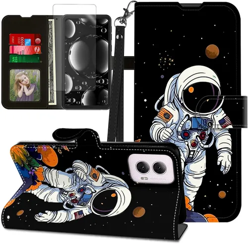 Vista 290 de Funda para Motorola Edge 2022 con protector de pantalla, soporte y tarjetero y correa para la muñeca, funda magnética para Moto Edge 2022 5G UW Lobo