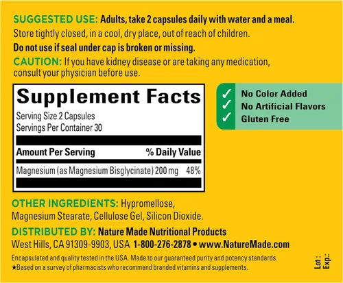 Vista 7 de Nature Made - Glicinato de magnesio 200 mg por porción, suplemento de magnesio para el apoyo muscular, cardíaco, nervioso y óseo, 60 cápsulas