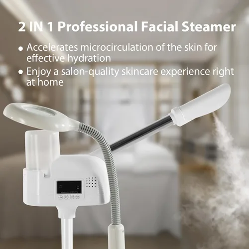 Vista 2 de Vaporizador Facial Profesional 2 en 1 Vaporizador para Cara Lámpara LED de Aumento 5X Vaporizador Facial para Esteticista Equipo Facial de Belleza