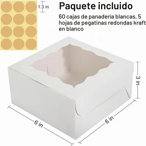 Vista 2 de 60 cajas de panadería con ventana, 6 x 6 x 3 pulgadas, cajas blancas para galletas y pastelería para productos horneados