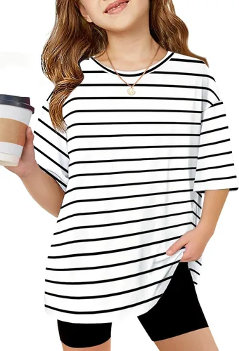 Vista 18 de Arshiner Camisetas de gran tamaño para niñas, camisetas básicas suaves y casuales de verano Negro