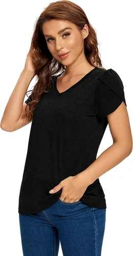 Vista 2 de Camiseta de algodón con cuello en V para mujer, para ocasiones formalesinformales, lisa, con mangas de pétalos