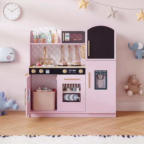 Vista 8 de Treocho Juego de cocina para niños, juego de cocina de madera para niños pequeños con almacenamiento, cocina de juguete de diseño moderno con grifo