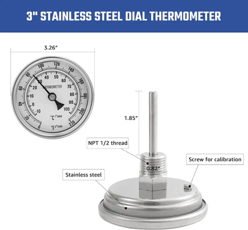 Vista 5 de NPT - Termómetro de esfera de cerveza de 1/2, termómetro de acero inoxidable con esfera grande de 3 pulgadas (0-220F / -10-100C)