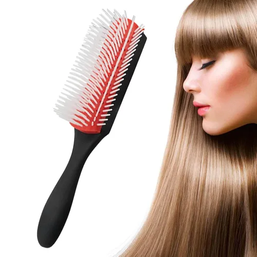 Vista 4 de Cepillo de pelo rizado rojo desenredante de 9 filas de ABS, cepillo estático para cabello rizado y ondulado, unisex, blanco
