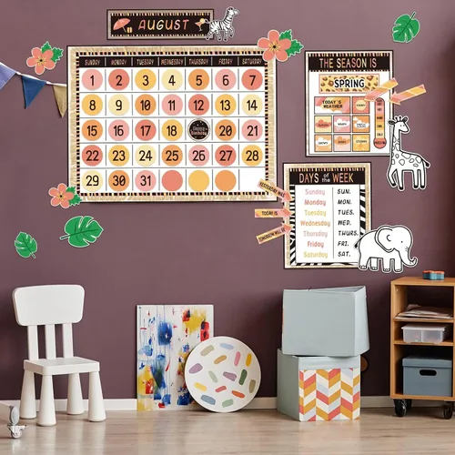 Vista 6 de Juego de tablones de anuncios con calendario de animales de la selva de safari Simply CTP, calendario de estaciones, tabla meteorológica, decoración