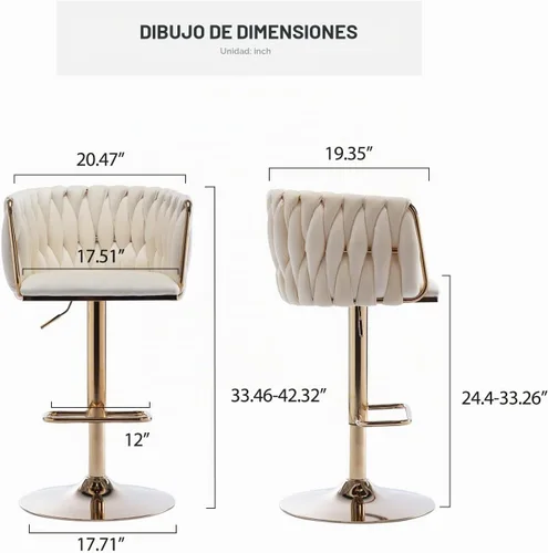 Vista 3 de Taburetes de bar giratorios de altura de mostrador, juego de 2 taburetes de bar modernos de terciopelo, sillas de bar tapizadas con respaldo tejido