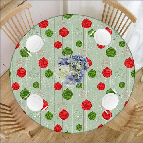 Vista 11 de Mantel redondo de Navidad, impermeable y borrable con borde elástico, jamón de cerdo asado servido con papas horneadas, se adapta a mesa redonda
