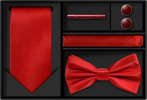 Vista 6 de TIE G 5pcs Tie Set in Gift BOX WHITE OR BLACK Solid Color Necktie, Satin Bow Tie, Pocket Square, Lapel, Cuff Links