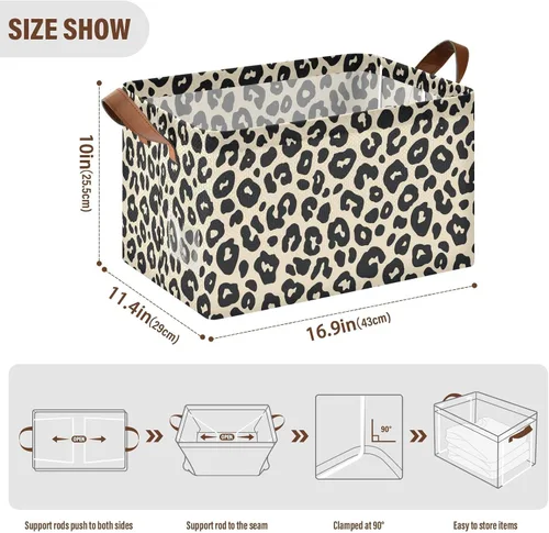 Vista 3 de Leopard Pattern Cream Black Storage Baskets Storage Cubes Organizer with Handles Books Towels and Clothes for Shelves Closet Books cajas