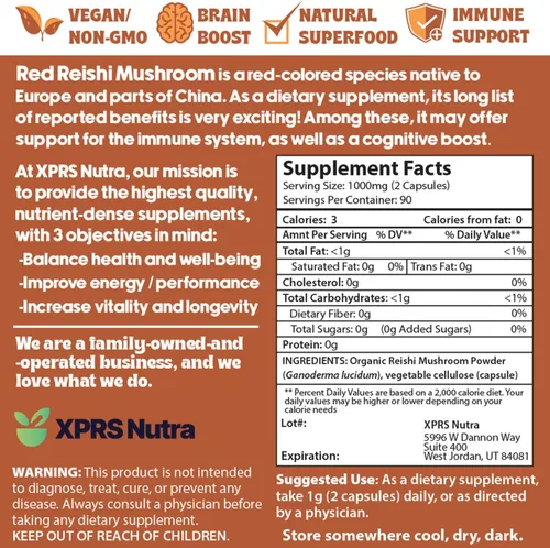 Vista 7 de XPRS Nutra Cápsulas de hongos Reishi – 180 cápsulas de hongos Reishi rojos – 3 meses de suministro de hongos reales suplementos píldoras