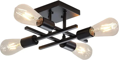 Vista 6 de Lámpara industrial de techo semiempotrada de 4 luces, lámpara de araña negra de granja, moderna lámpara de techo Sputnik con base E26 para cocina