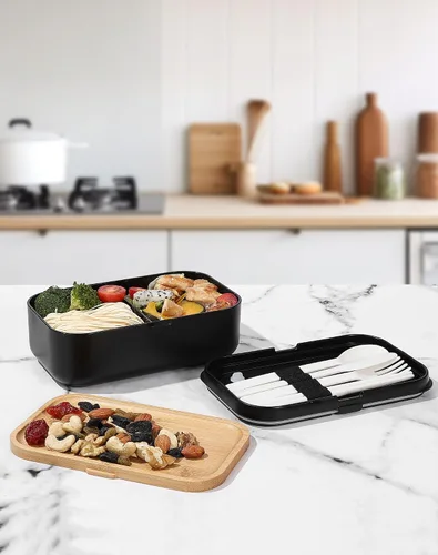 Vista 6 de Lonchera Bento para adultos, tapa de bambú natural, cubiertos y palillos, lonchera para mujeres, apta para microondas, lavavajillas, sin BPA, a Negro