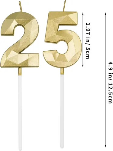 Vista 2 de Velas de cumpleaños número 25 y 52 para pastel, velas doradas con forma de diamante 3D con forma de diamante, decoraciones de cumpleaños