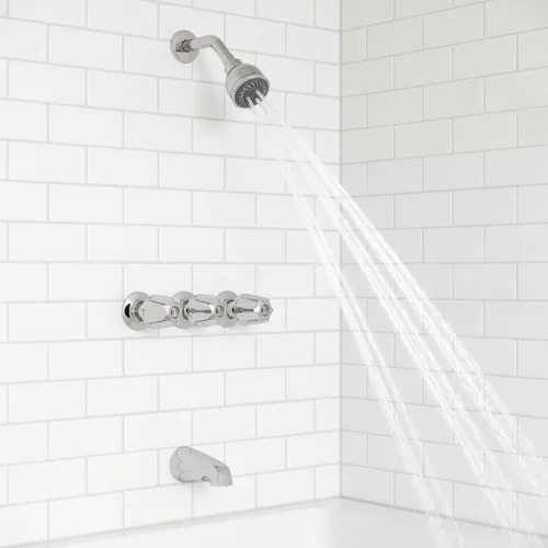 Vista 6 de Pfister Grifo de bañera y ducha de 3 manijas con manijas de metal en cromo pulido