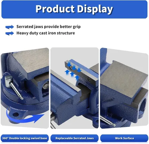 Vista 3 de Nakkaa - Tornillo de banco de 4" de hierro fundido dúctil con base de giro flexible de 360° con bloqueo de alta resistencia para el hogar