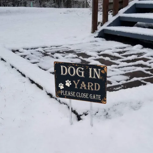 Vista 4 de WOSTOD Letreros de metal retro vintage con texto en inglés "Dog in Yard Please Close Gate" para exteriores, césped, jardín, patio, 8 x 12 pulgadas