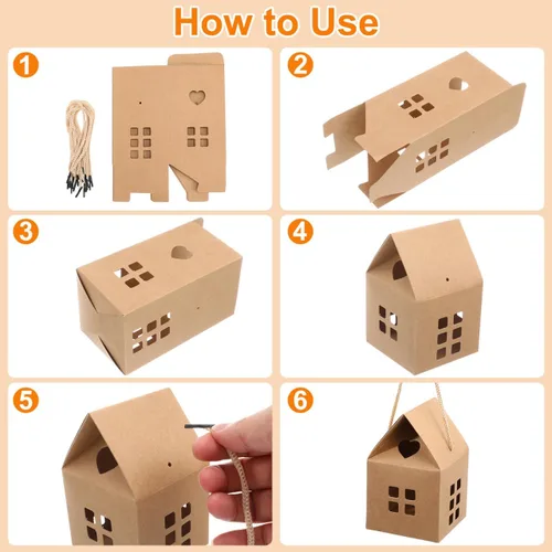 Vista 8 de Cajas de regalo en forma de casa, 10 bolsas de mano para dulces y galletas, papel kraft ecológico, perfecto para fiestas de vacaciones, bodas