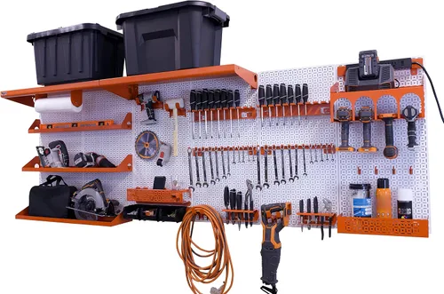 Vista 11 de OmniWall Weekend Warrior Ultimate Tool Kit - Sistema de Almacenamiento de Pared de Tablero de Clavos de Metal de 96" x 32" Negro/Naranja