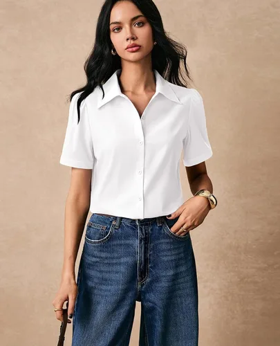 Vista 2 de Gleeivy Camisas de botones para mujer de manga corta abombada, camisas de vestir abotonadas con cuello ajustado, blusa superior de trabajo