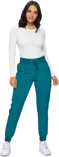 Vista 15 de Pantalones quirúrgicos para mujer de Monarch Uniforms, pantalones quirúrgicos jogger de canalé para mujer Negro
