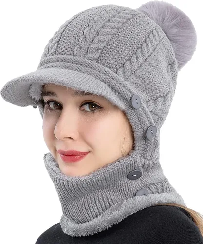 Vista 2 de Gorro de forro polar holgado de una pieza para mujer, bufanda cálida de invierno, gorro de punto grueso, gorro de esquí