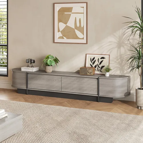 Vista 13 de Soporte de TV moderno de 76.4 pulgadas para sala de estar, consola de TV moderna de mediados de siglo, centro de entretenimiento con 3 cajones