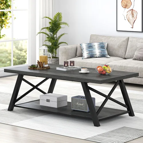 Vista 3 de EXCEFUR Mesa auxiliar, mesa central de madera industrial y metal para sala de estar, mesa de té rectangular de cóctel con estante de almacenamiento