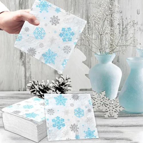 Vista 6 de Servilletas de invierno con copos de nieve para decoración de fiesta, diseño de copo de nieve de invierno, azul y blanco del país de las maravillas
