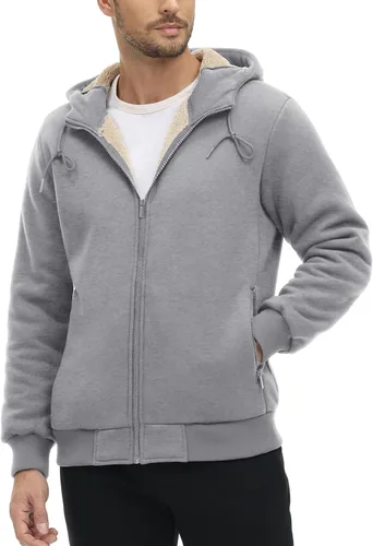 Vista 2 de CRYSULLY Chaqueta con forro de sherpa para hombre, con cremallera completa, sudadera con capucha para invierno