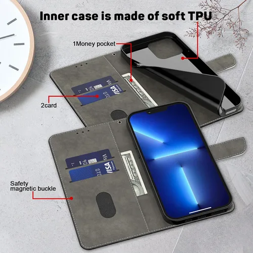 Vista 2 de ALILANG Funda para iPhone 13 Mini/iPhone 12 Mini de 5.4 pulgadas con soporte para tarjeta de crédito, funda magnética protectora de piel sintética
