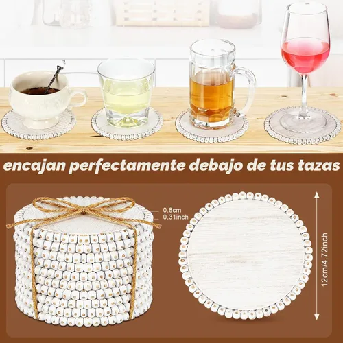 Vista 2 de Meanplan 10 posavasos de madera con cuentas, posavasos a granel para bebidas, mesa de café de 4.7 pulgadas, redondos, de granja, con cuentas