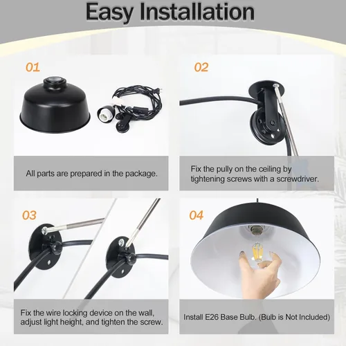 Vista 9 de Farmhouse - Lámpara colgante industrial enchufable, polea negra Hanging Light with Plug in Cord, Pulley Hanging Lamp, For Kitchen Island Bedroom
